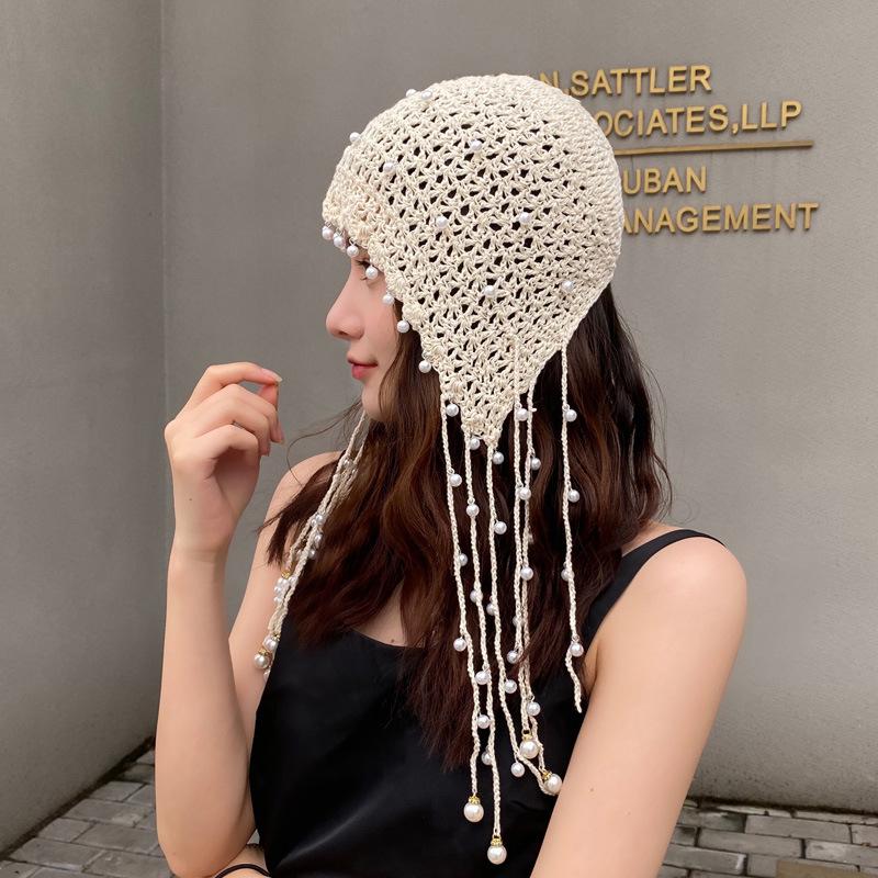 Exotic Hollow Pearl Tassel Bag Head Hat Women's Spring and Summer Handmade Crochet Princess Hat Original Retro Literature and Art