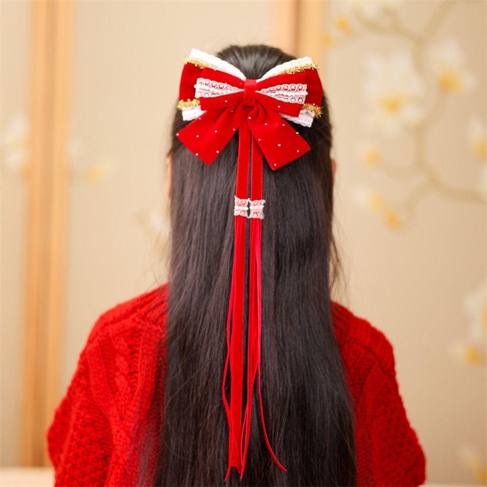 Tassel Red Bow Hair Clip Lion Embroidered Bow Headwear Children's Chinese Hairpin Decoration