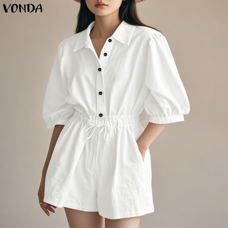 VONDA Women Lapel Collar Half Sleeve Loose Casual Short Jumpsuits Rompers Overalls