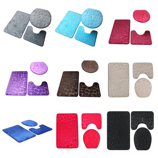 1 Set Cobblestone Pattern Toilet Lid Cover Super Soft Polyester Foldable Anti-skid Bath Mat for Home