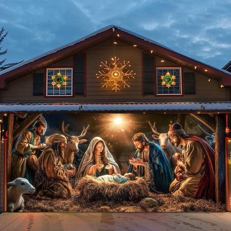 Nativity Christmas scene Garage door banner - Polyester outdoor Christmas decoration Mary and Joseph 100x150cm