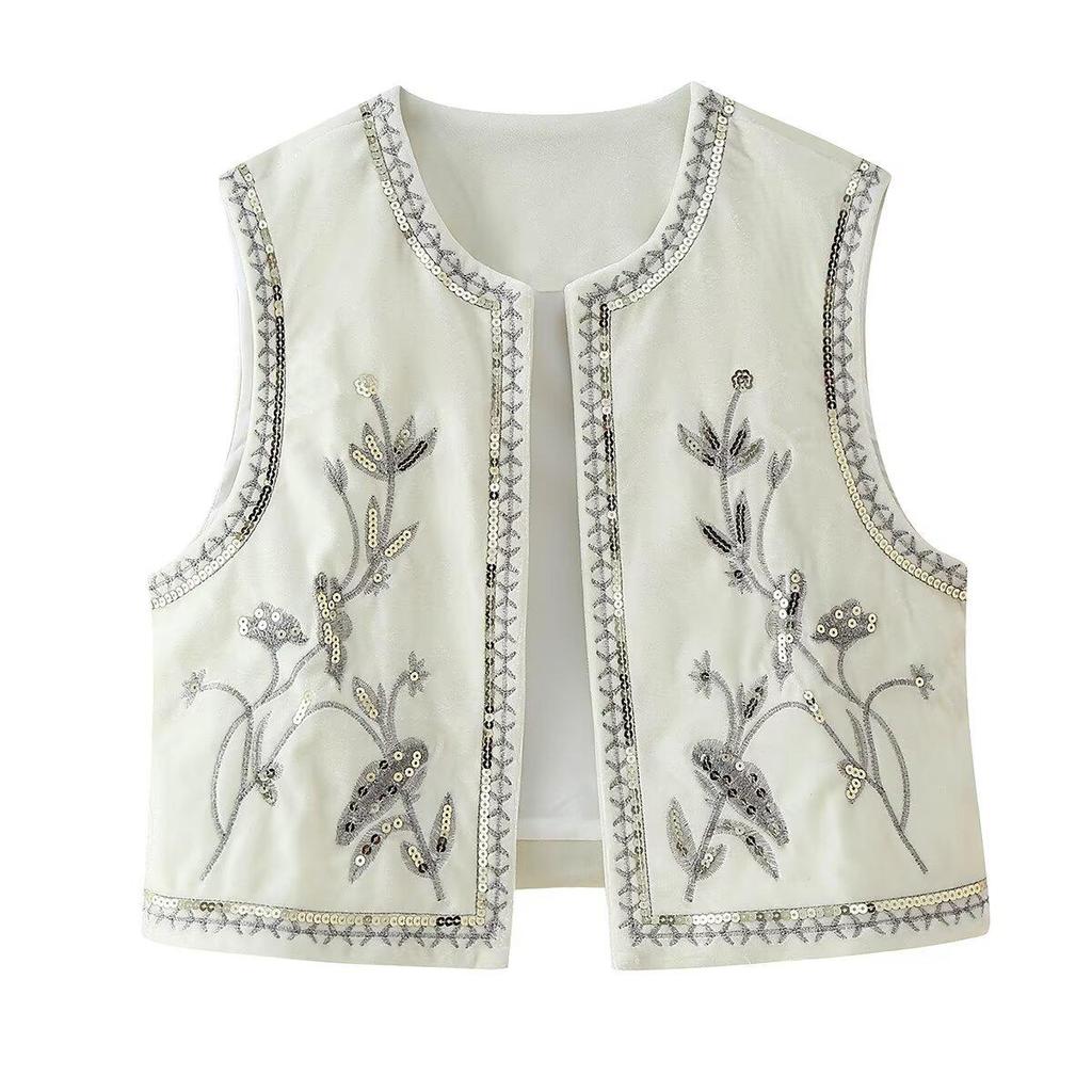 2024 Autumn Women's European & American Velvet Sequin Embroidered Vest