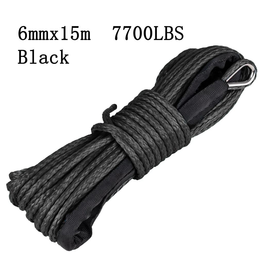 For Best Sport 6mm X 15m 7700LBs Synthetic Winch Line Cable Rope with Black Protecing Sleeve