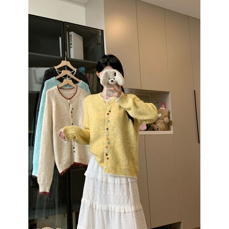 Kumikumi Sweet Chic Color Button Sweater Outwear Female Autumn Loose Slim Looking Niche Style Anti-Aging Top