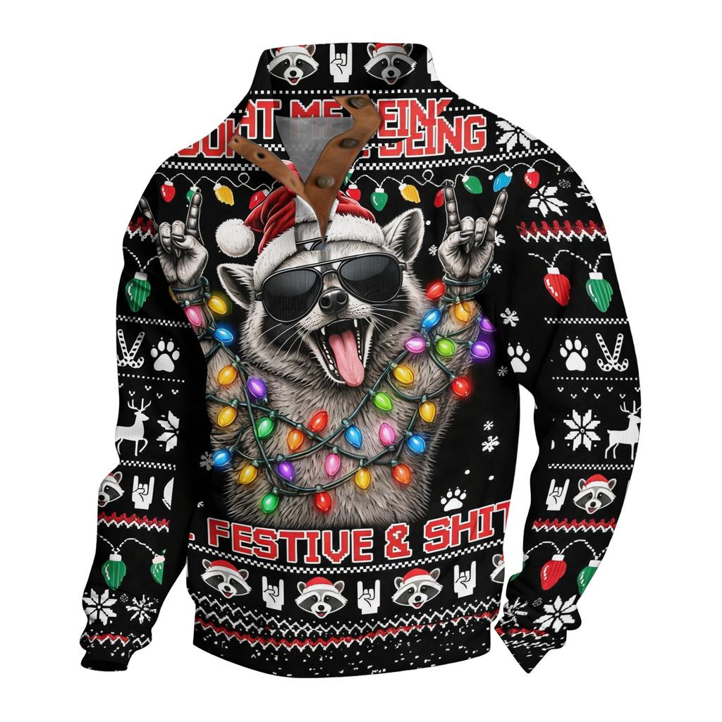 Men's Funny Novelty Christmas Print Button Pullover Hoodie Sweatshirt for Holiday Party