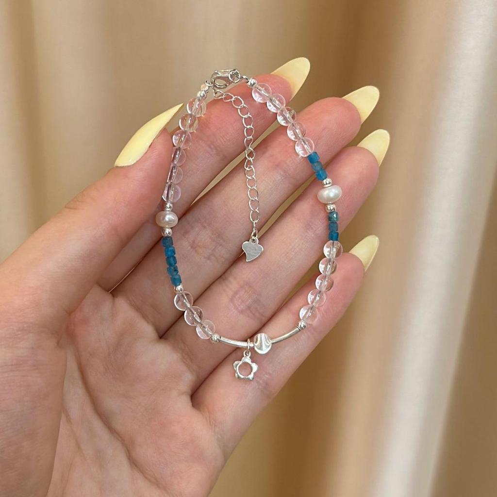 S925 Sterling Silver Bracelet with White Crystal, Cat's Eye, Natural Pearl, and Blue Apatite - Exquisite Women's Fashion Jewelry.