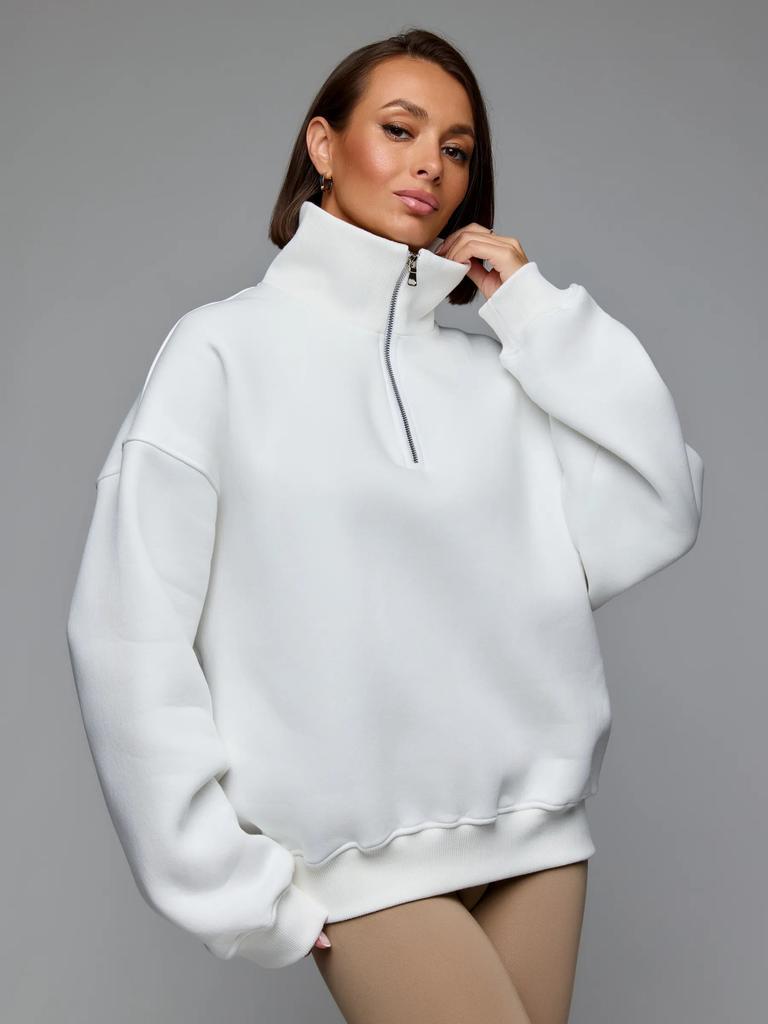 Felpa da Donna con Scollo a Polo a Manica Lunga Vestibilità Larga Streetwear Colore Unico Pullover con Mezza Zip