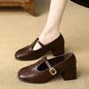 Soft Leather Retro Round Head Temperament Mary Jane Shoes Women's 2025 Autumn New One-word Buckle with Thick Heel Medium Heel Shoes