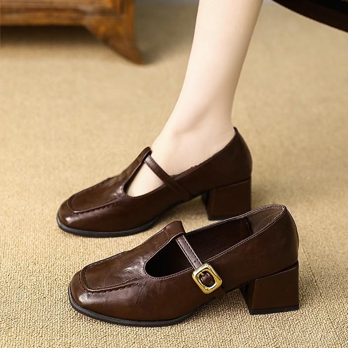Soft Leather Retro Round Head Temperament Mary Jane Shoes Women's 2025 Autumn New One-word Buckle with Thick Heel Medium Heel Shoes