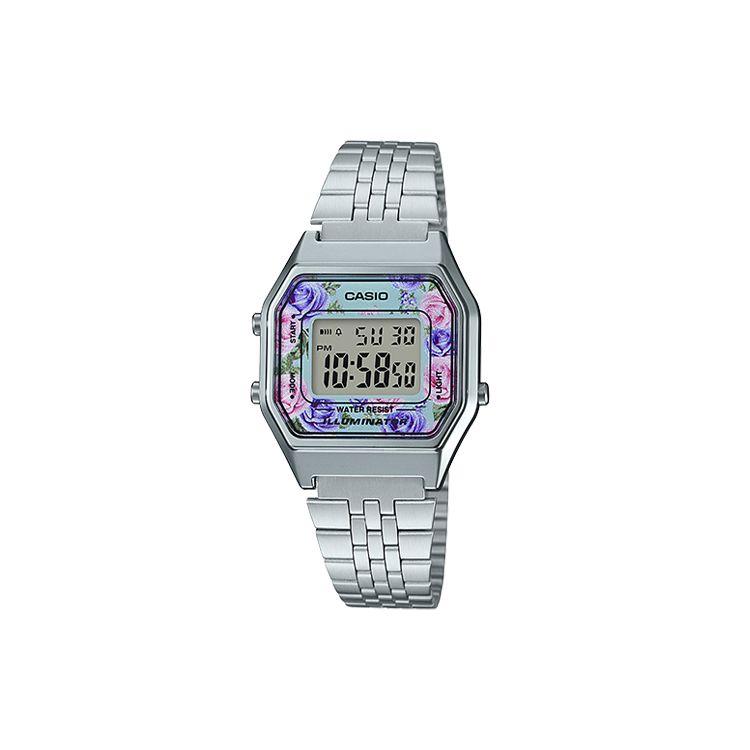 Casio Vintage Series L Digital Square Watch Rose Flower Waterproof Quartz Movement Stainless Steel Band Women watches Gray LA680WA-2C Regular Watch Box,Silver Watch Case