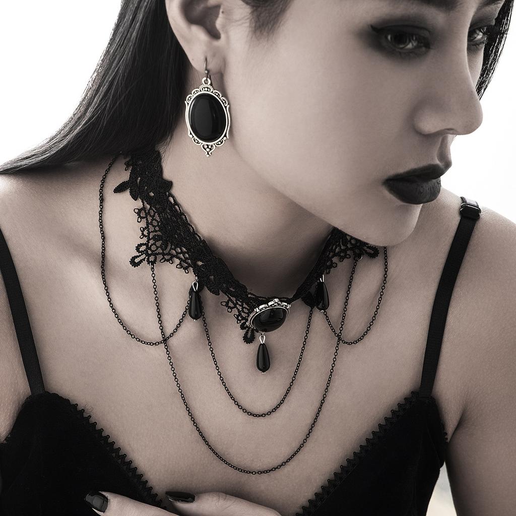 Gothic Dark Gem Water Drop Fringed Necklace Female, Sweet Cool Black Lace Collar Choker