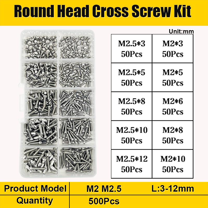 500/320pcs 304 Stainless Steel Cross Round Pan Head Phillips Machine Screw Button Head Cap Cross Bolt M1 M1.2 M1.4 M1.6 M2.5 M3