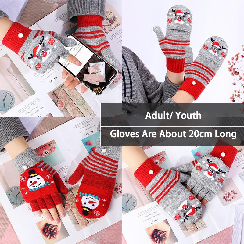 Christmas Women Gloves Winter Half Finger Flip Lady Cute Youth Warm Knitting Wool Students Writing Game Fingerless Mittens
