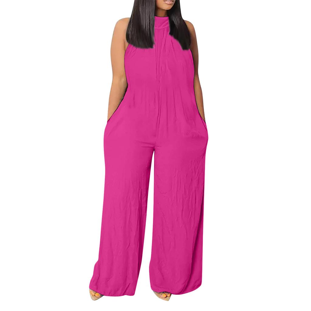 Women's Casual Retro Jumpsuit Summer Beach Sleeveless Round Neck Color Casual Fashion Wide Leg Jumpsuit