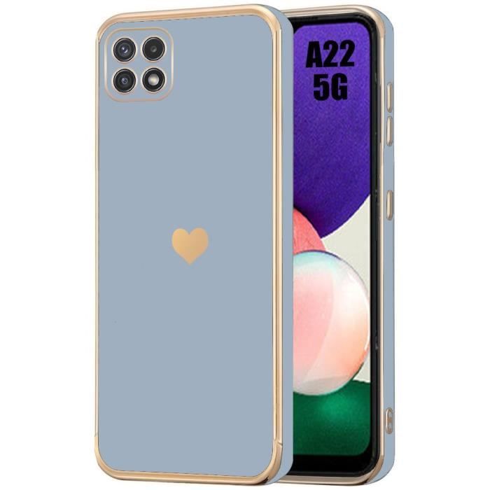 Coque - BOOLING - pour Samsung Galaxy A22 5G - Antichoc - Motif Cœur - Bleu Plaqué Doré