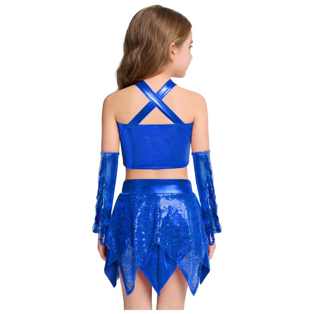 Dívčí kostým pro jazzový tanec s křížovým výstřihem, třpytivými flitry, metalickým zkráceným topem a asymetrickou sukní