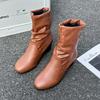 Mode Böhmen Einfarbig Braun Pu Mid-Calf Stiefeletten Damen 2025 Herbst Runde Zehenpartie Rutschfest Keilabsatz Stiefel Mode Plissiert Slip-On Stiefel