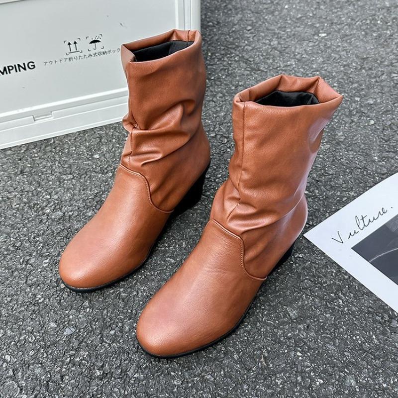 Mode Böhmen Einfarbig Braun Pu Mid-Calf Stiefeletten Damen 2025 Herbst Runde Zehenpartie Rutschfest Keilabsatz Stiefel Mode Plissiert Slip-On Stiefel