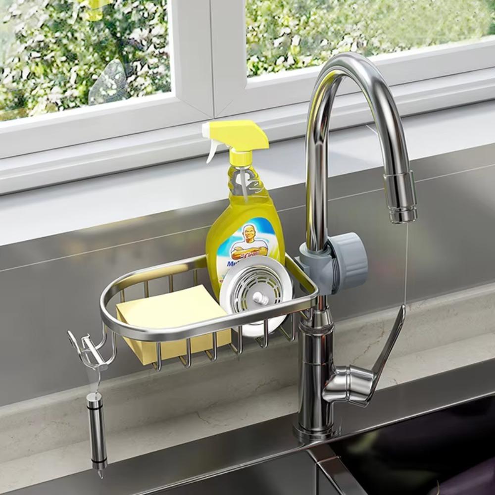 Adjustable Faucet Storage Rack Punch-Free Space Saving Sponge Drain Rack Space Aluminum Shower Shampoo Soap Holder Kitchen