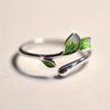 Caoshi Novel Design Female Green Leaf Ring With Sliver Color Lovely Daily Finger Accessory Aesthetic Women' S Party Jewelry Gift
