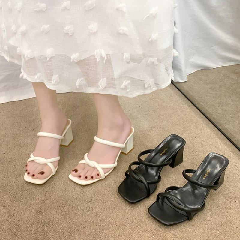 Women's Summer Sandals Mid-heel Shoes Fairy Style Pleated Thick Heel Refreshing Sandals Versatile One-strap Single Shoes Women