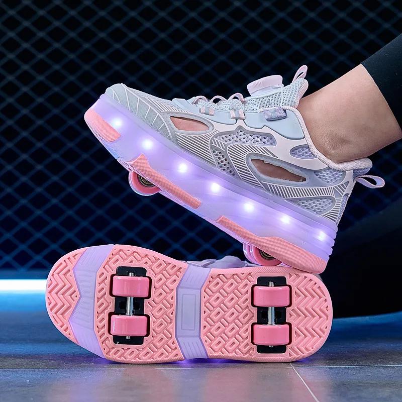 

Summer Breathable Shoes with Wheels Can Be Walked or Slid Wheel Shoes Sneaker Children s 4 Wheel Detachable Roller Skates Shoes 28