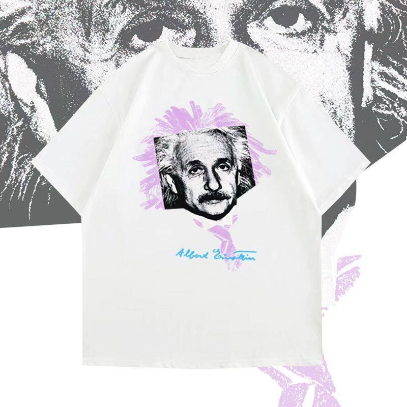T-shirt a maniche corte in stile americano con stampa del personaggio di Einstein per unisex, estiva, alla moda, vestibilità ampia, traspirante, manica a metà