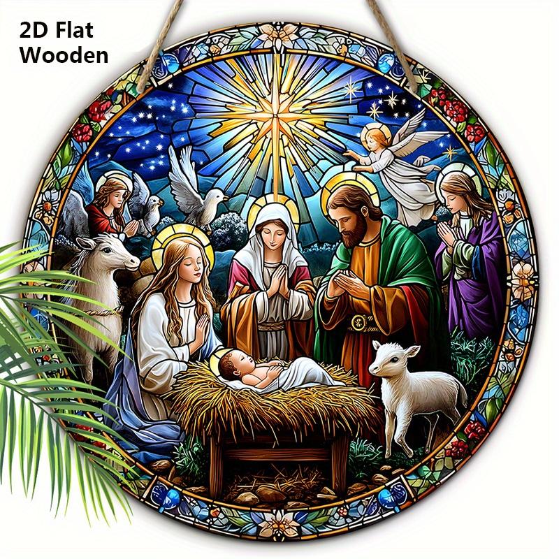 Nativity Scene Wooden Sign, Jesus Born Round Ornament for Front Door Wall Hanging Decor, Ideal Christmas Gift for Christians