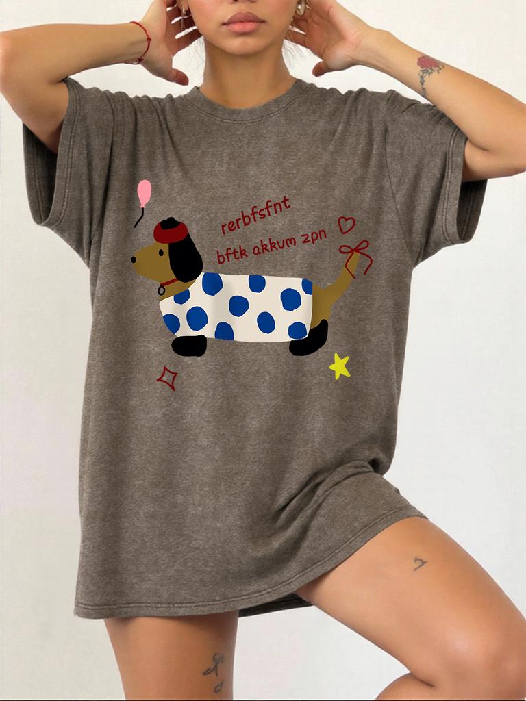 Dachshund Printing Washed TShirts Womens Cotton Short Sleeve Tops Hip Hop ONeck Oversized T Shirt Summer Comfortable Clothes