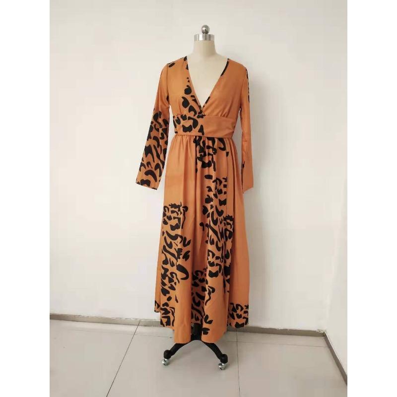 Damen Herbstkleid Sexy Tiefem V-Ausschnitt Langarm Langes Kleid Abendkleid