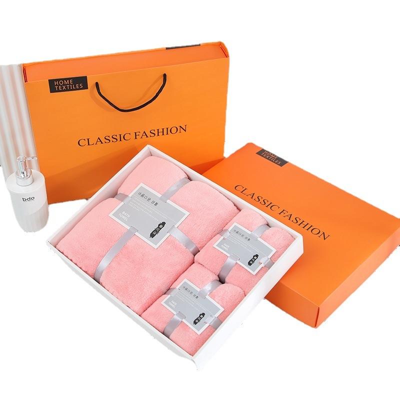 Thickened coral fleece towel bath towel set, soft and absorbent three-piece set