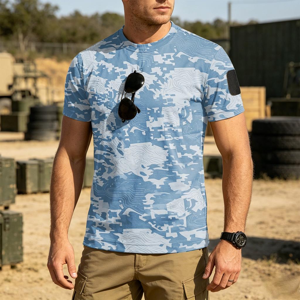 Men's Tactical Outdoor Quick-Dry T-Shirt with Velcro Patch Area Loose Fit Breathable Round Neck Camouflage Print