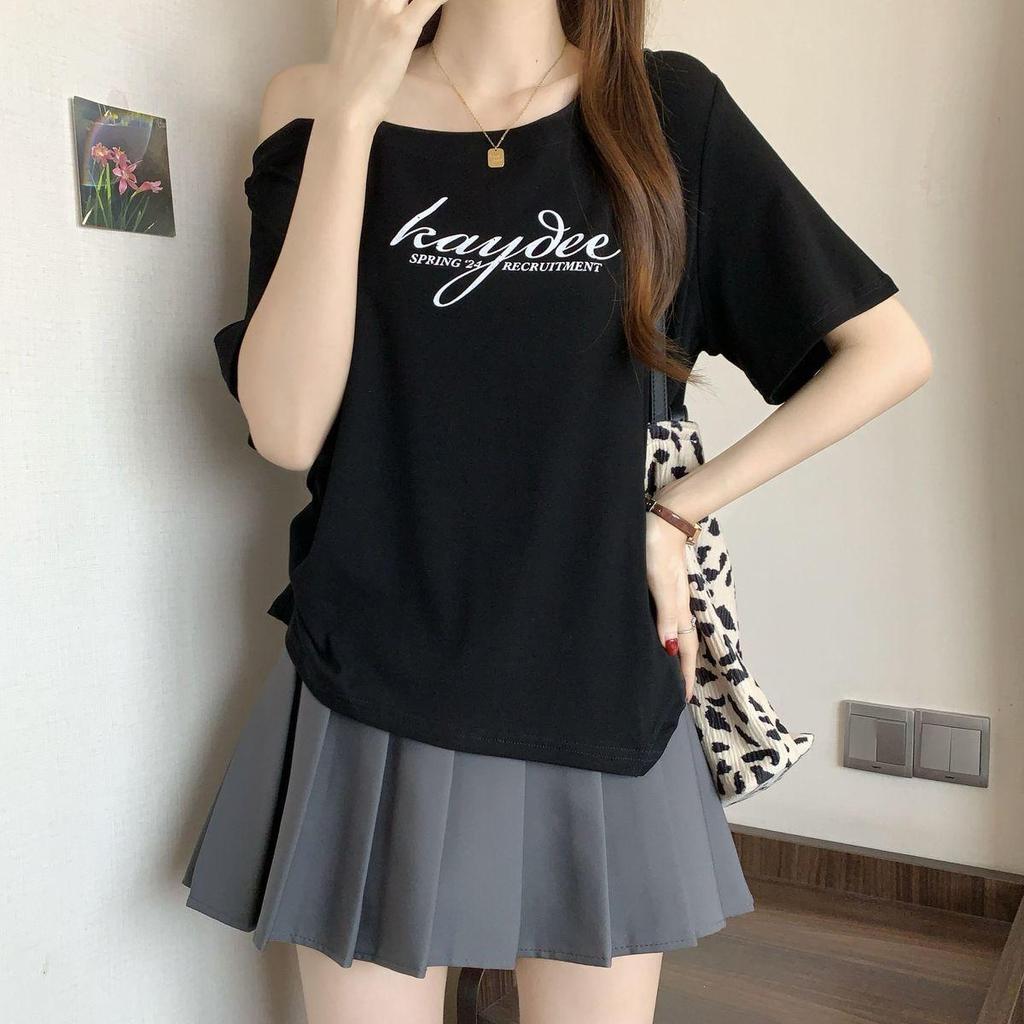 2025 Spring/Summer Plus Size Off-Shoulder Letter Print T-shirt - Women's Trendy Loose Slimming Fashion