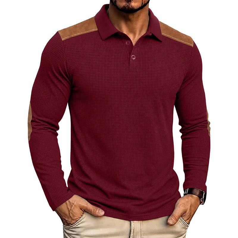 Mens Long Sleeve Waffle Knit Polo Shirt Slim Fit Autumn Casual Top S