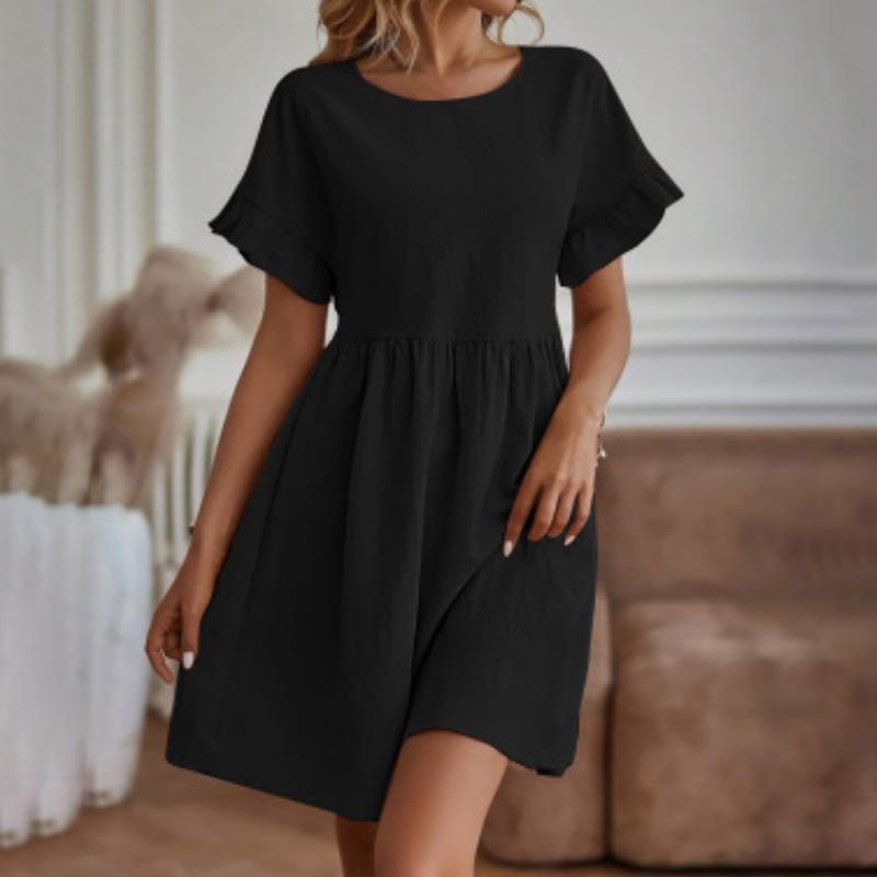 GMXIA Women's Temperament O-Neck Loose Cotton Linen Dress