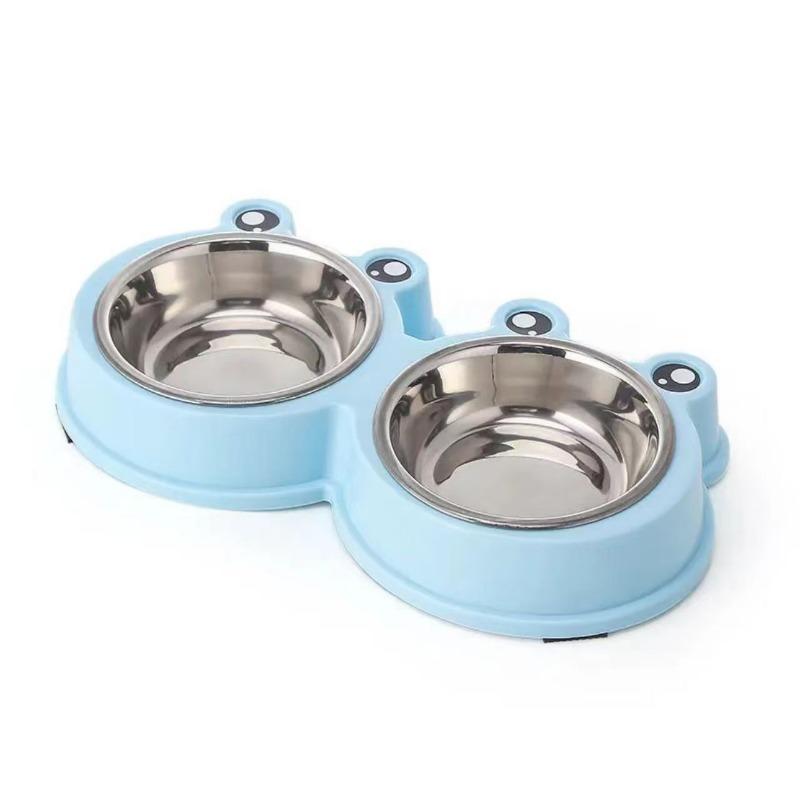 Frog Double Pet Food Bowl For Cat Dog With Stainless Steel Inner Silicone