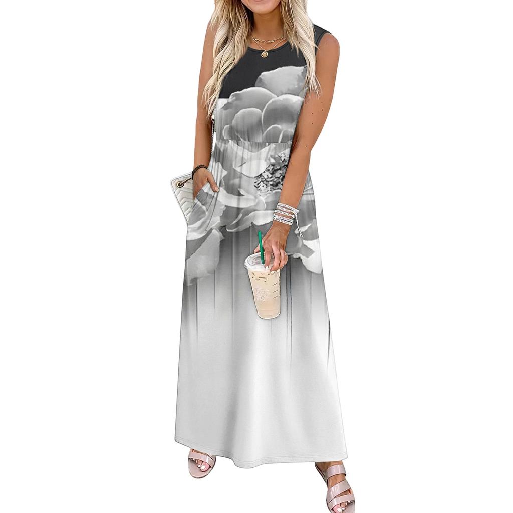 Ladies' Floral Print Casual And Fashionable Waist Cinched Sleeveless Dress