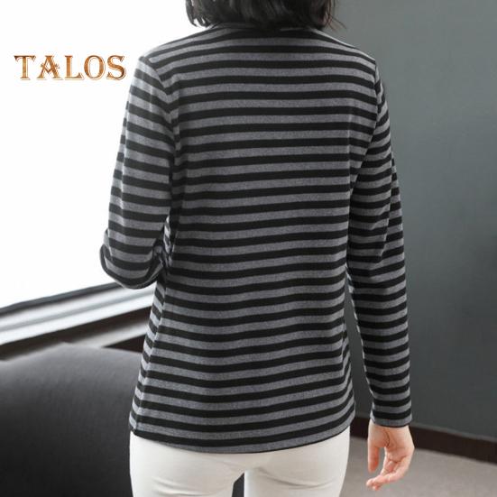 Women Bottoming Tops High Collar Long Sleeve Thickened Velvet Lining Pullover Tops Striped Print Tee Tops