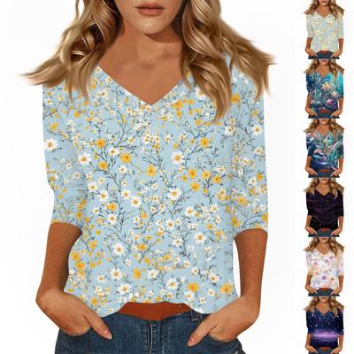 Women's Tops Three-quarter Sleeve Shirt V-neck Loose Casual Shirt Print T-shirt