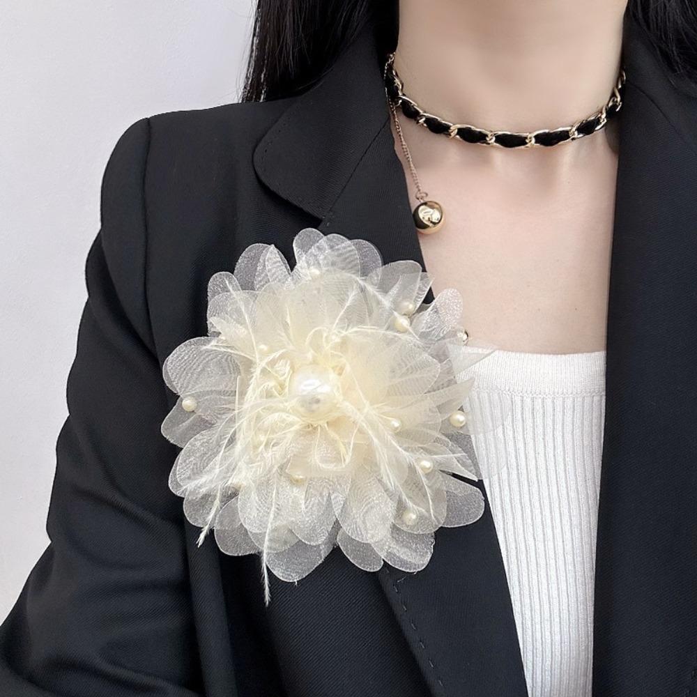 Fabric Lapel Pins Chiffon Feather Mesh Beads Pin Retro Large Flower Brooches