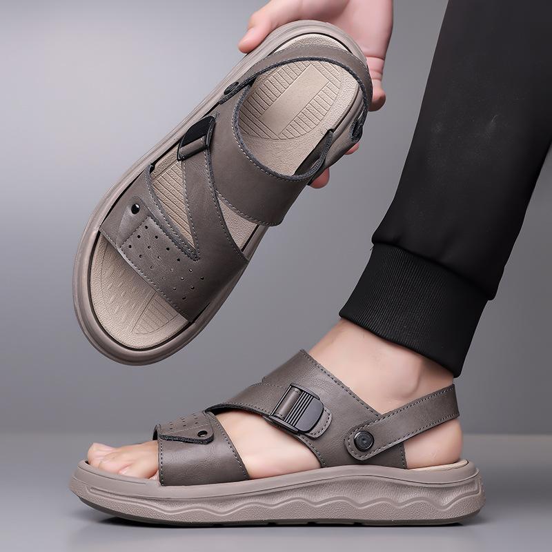 Fashion Sport Men's Hollowed Sandals Fashion Casual Summer Beach Shoes Slippers Man Outside Thick Sole Solid Color Leather Sandals Man