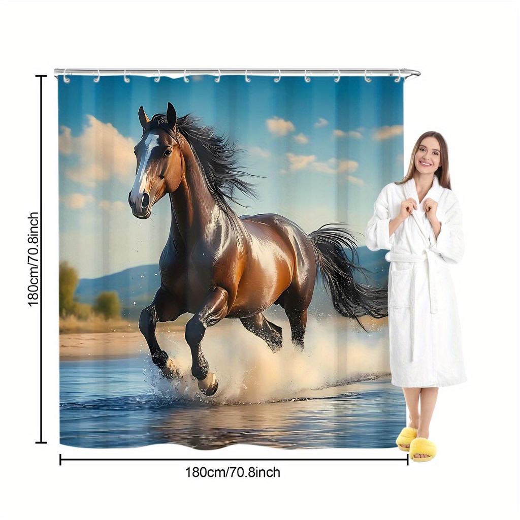 4Pcs Stylish Horsethemed Shower Curtain Set with Non-Slip Bath Mat, Toilet Lid Cover, Contour Rug & 12 Hooks, Bathroom Decor