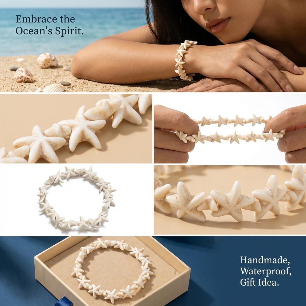 Bohemian Cream White Starfish Beaded Bracelet for Women Elastic Hand Chain Summer Beach Vacation Surfer Jewelry Gift