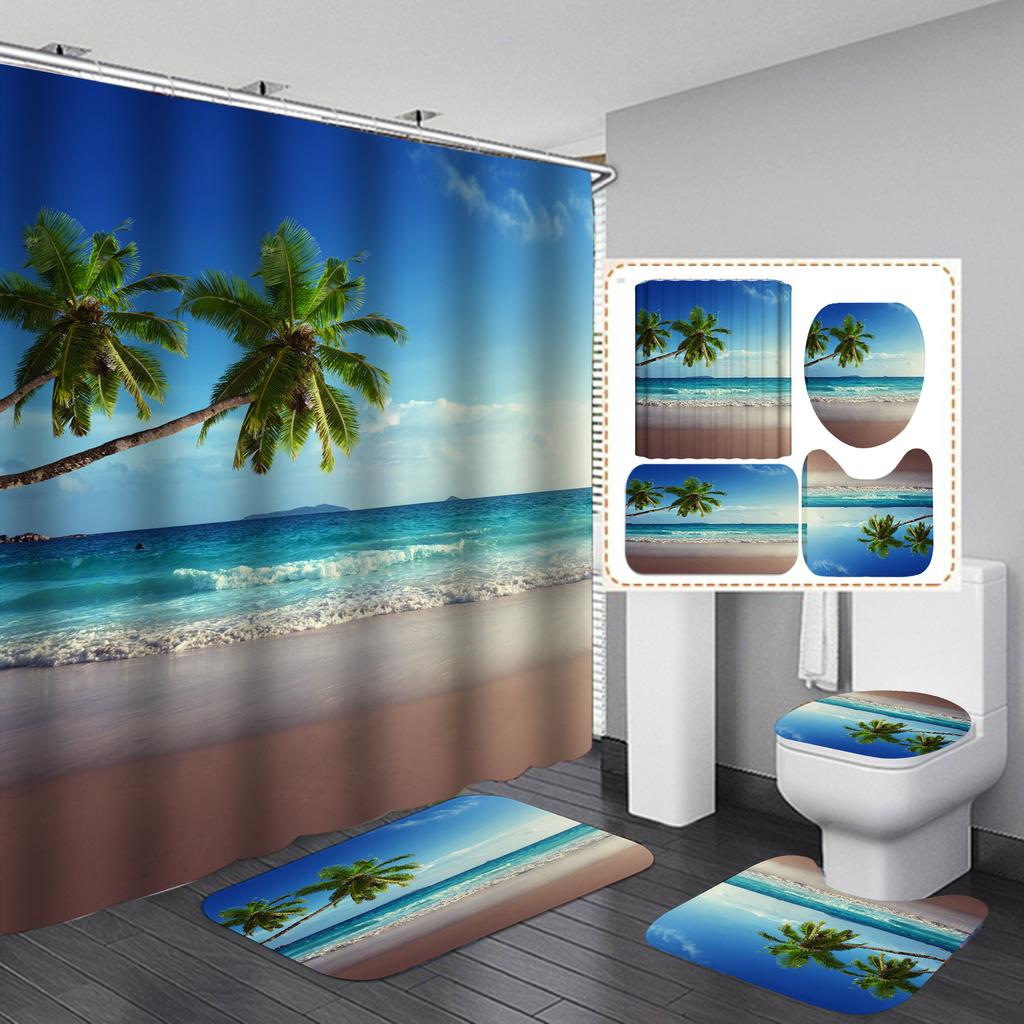 4Pcs Beach Series Shower Curtain Sets for Bathroom Non-Slip Bathroom Rugs Lid Toilet Cover Bath Mat