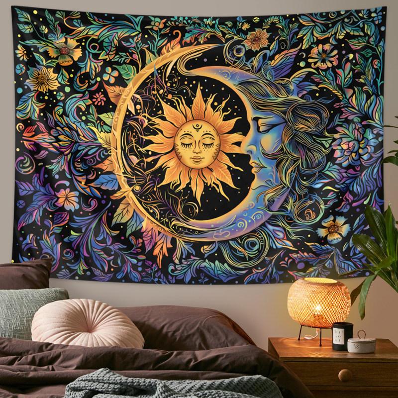 Sun Moon Tapestry Floral Psychedelic Wall Hanging for Bedroom Living Room Dorm Celestial Aesthetic Home Decor