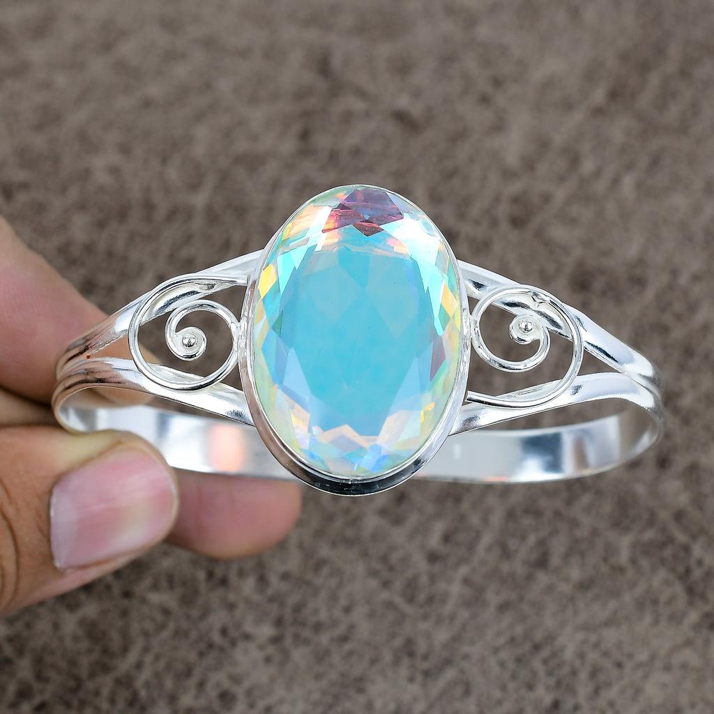 Mystic Rainbow Topaz Gemstone 925 Sterling Silver Cuff Bangle Adjustable KKG-234
