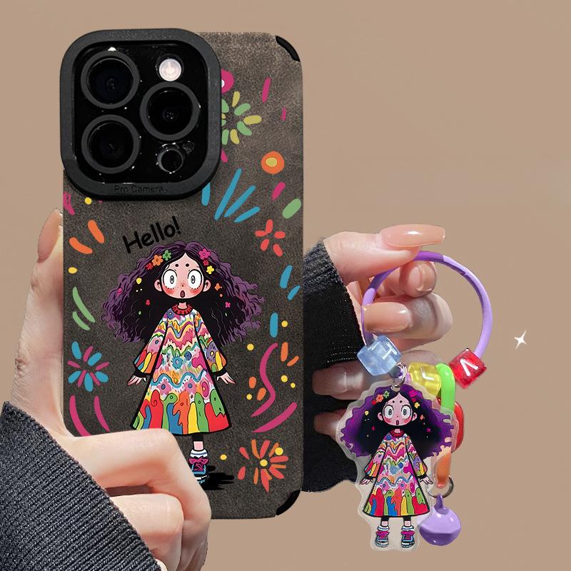 Graffiti Girl Lanyard Suitable for Apple 16pro Mobile Phone Case 15 Retro Fur 14 Silicone Anti-fall 13/12 Soft