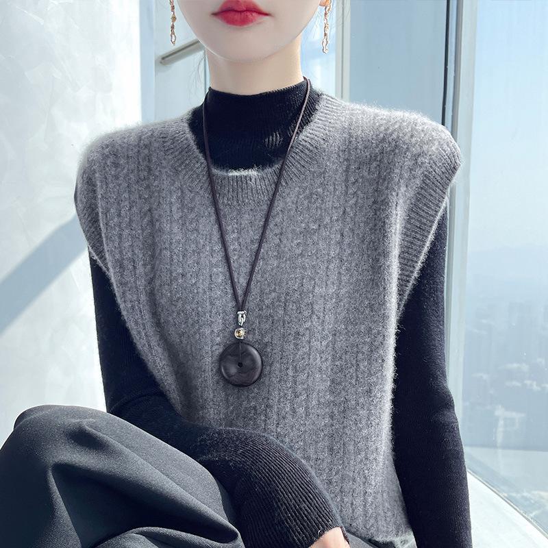 Dámská zesílená vlněná pletená vesta s copánkovým vzorem - Bez rukávů, pulovr s kulatým výstřihem na podzim/zimu