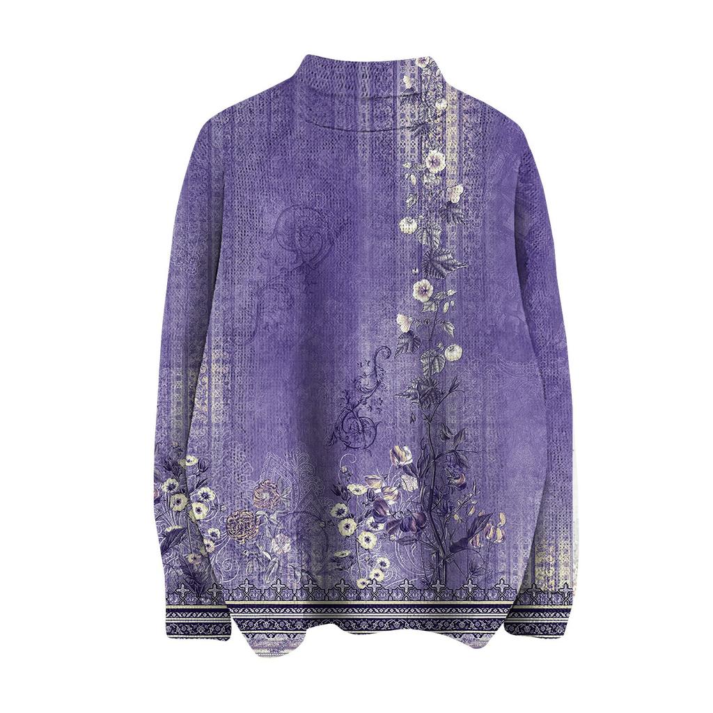 Women's Fashion Casual Long Sleeve Printed High Neck Woolen Knit