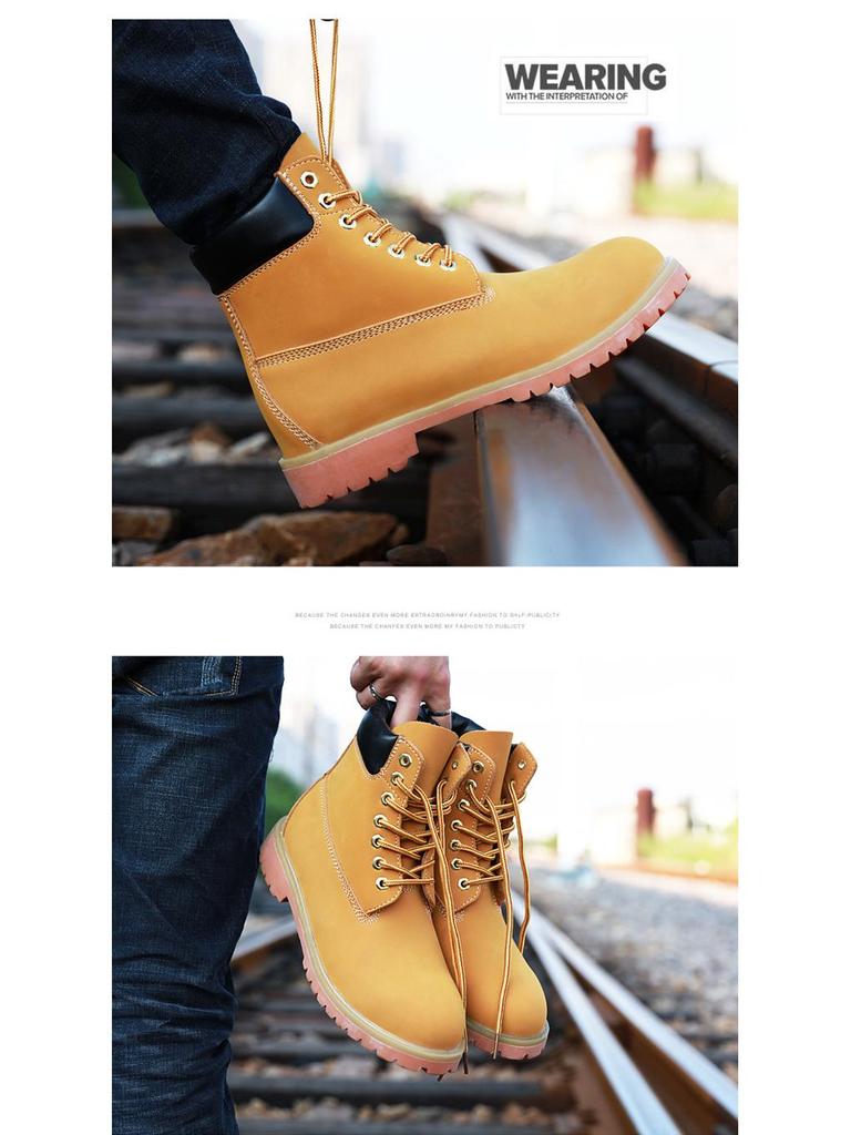 Męskie Żółte Zimowe Plus Aksamitne Martensy - Średniej Wysokości, Wysokie, w Stylu Brytyjskim, Ciepła Bawełna, Duży Rozmiar